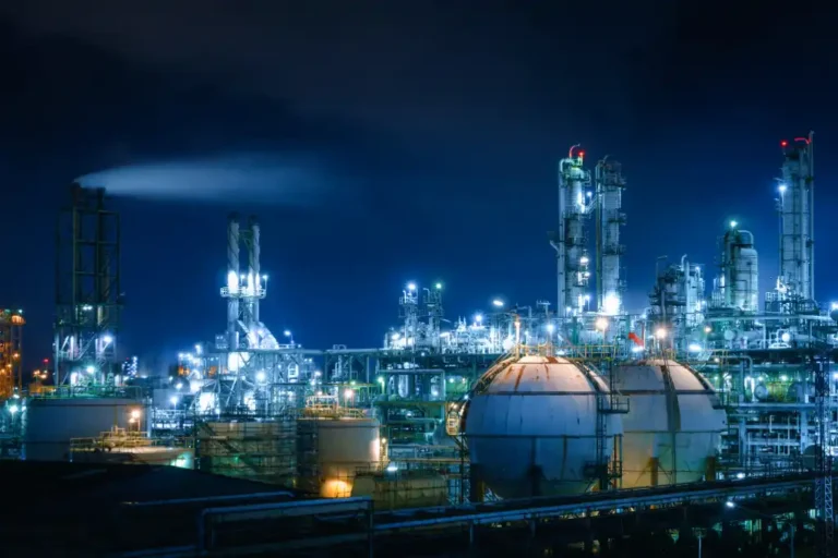 Oil refinery at night.