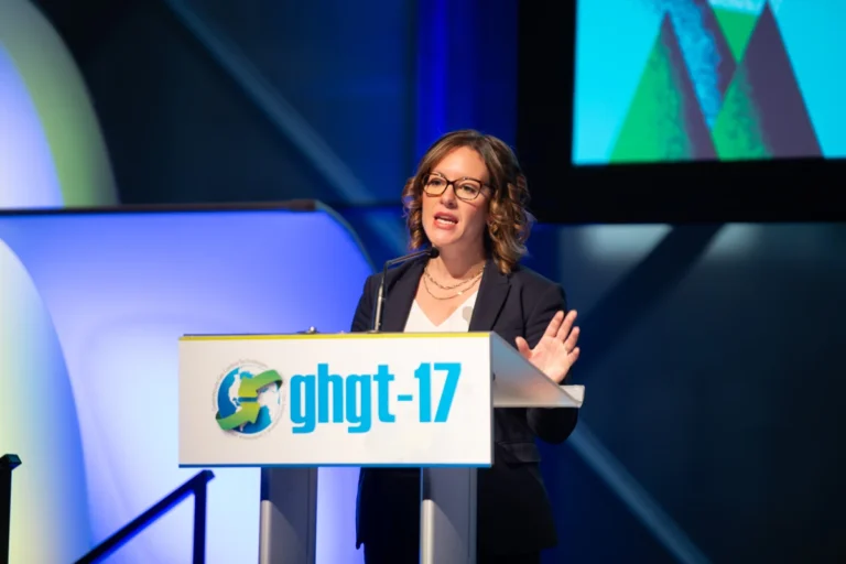 Alberta Minister Rebecca Schultz speaks on stage in the day 4 plenary at the GHGT-17 Conference in Alberta, Canada