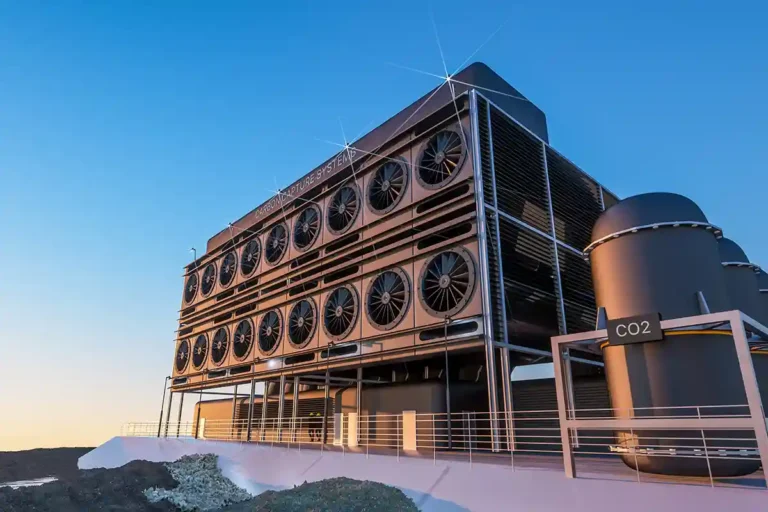 The value of Direct Air Capture - DAC fans on a blue sky.