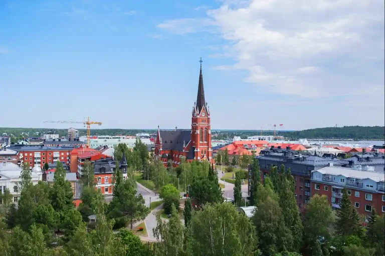 Lulea Sweden Cityscape blue sky sunny day-high teamperature solid looping cycles network